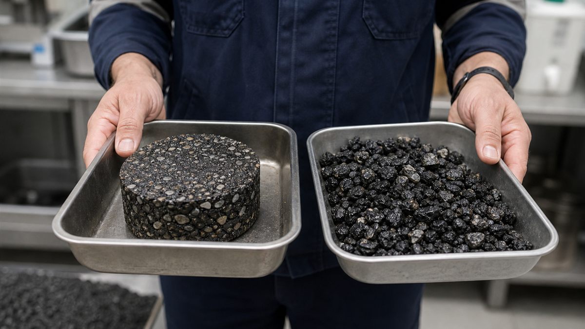 Technician holding dense asphalt and bitumen-coated aggregate material samples