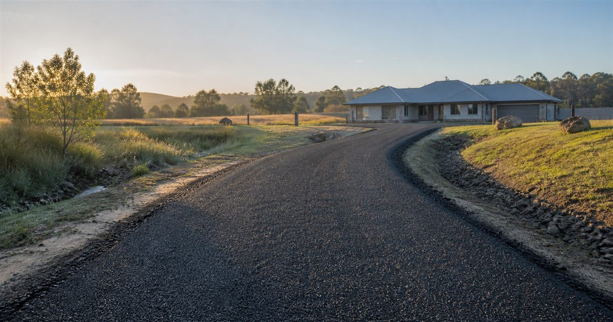 A newly sealed rural bitumen driveway curving toward a country home