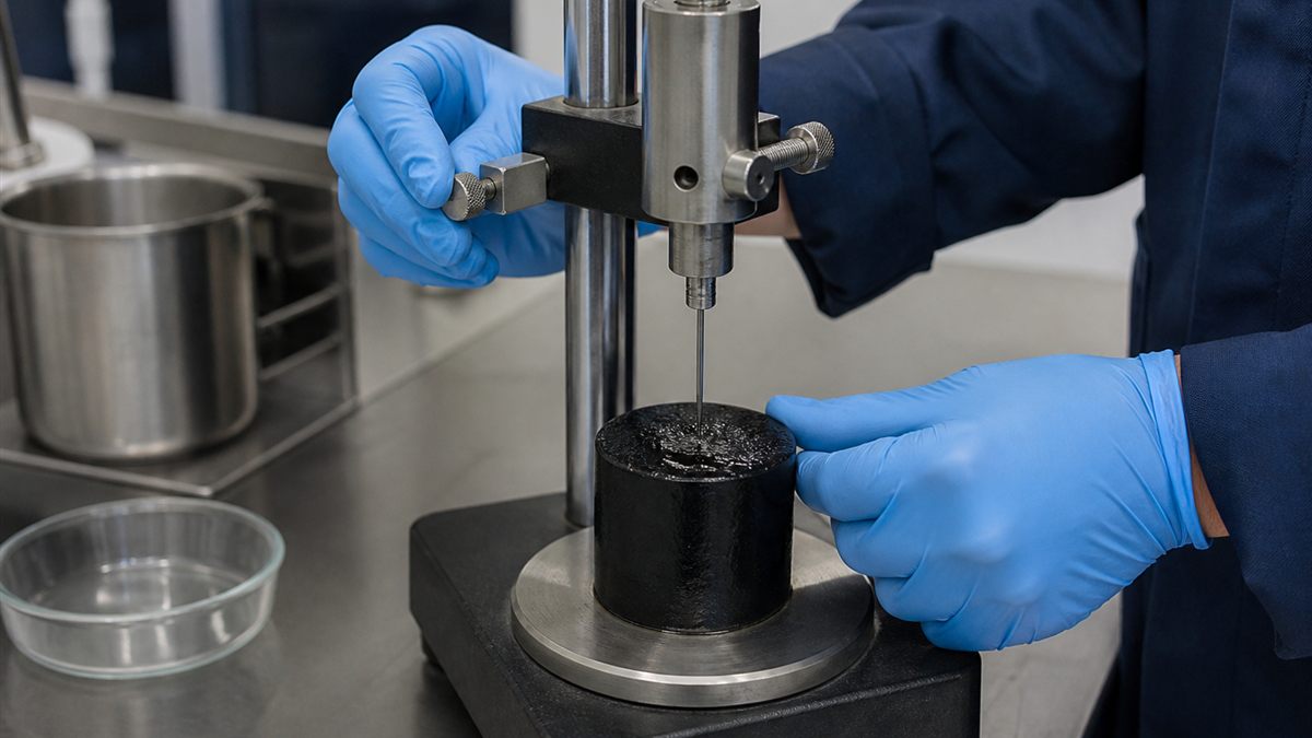 Laboratory technician performing a penetration consistency test on bitumen