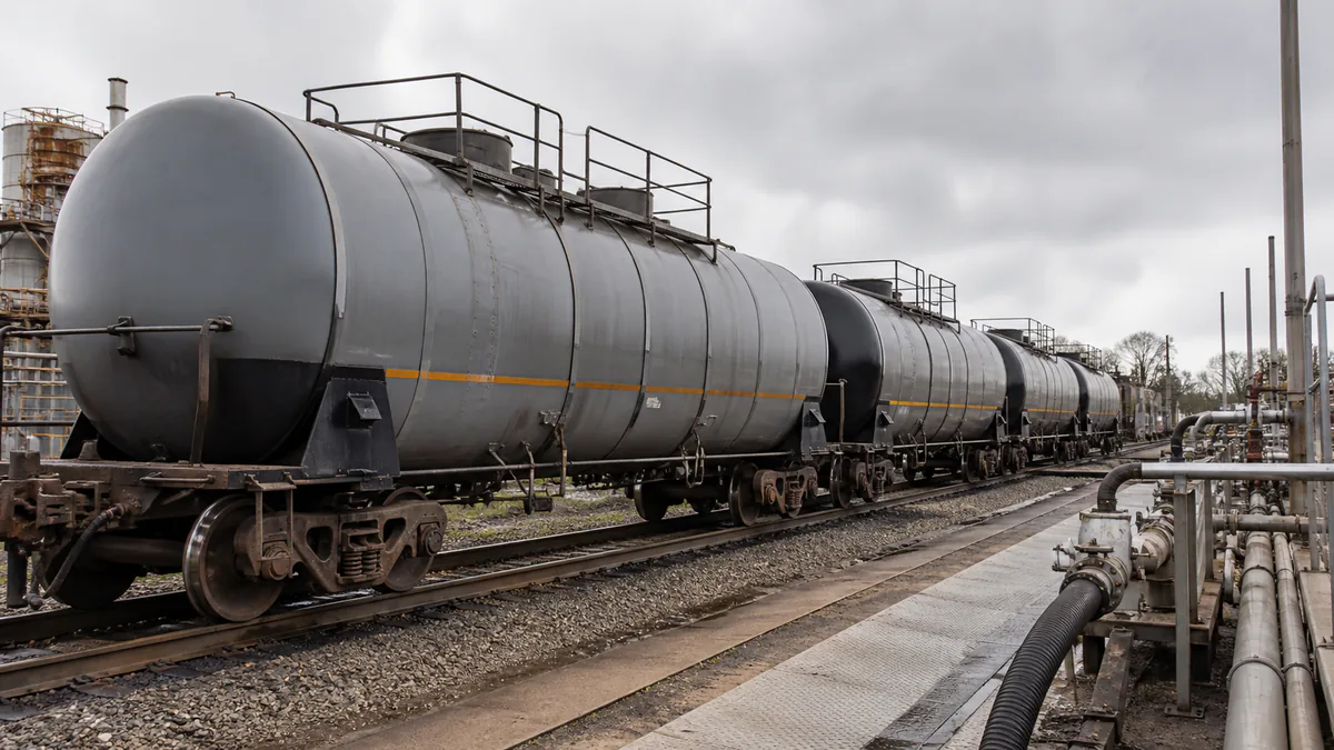 Insulated rail tank cars at an industrial bulk unloading terminal