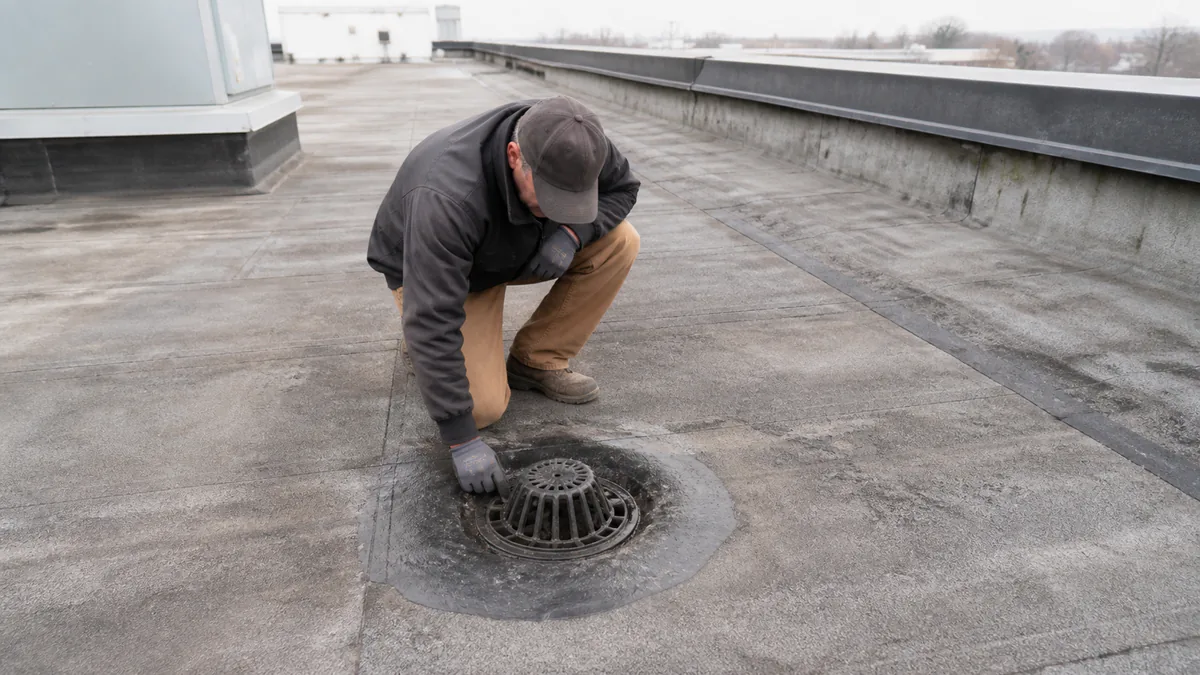 Roof inspector checking a drain and surrounding modified bitumen membrane