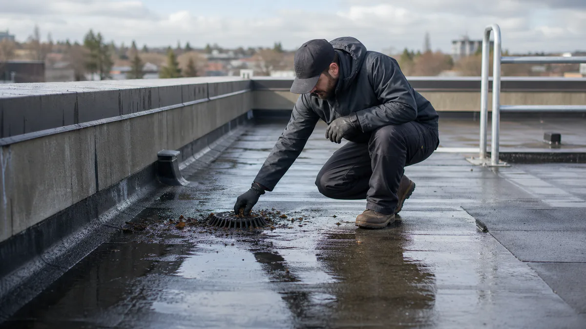 Roofer clearing leaves from a drain on a wet modified bitumen roof