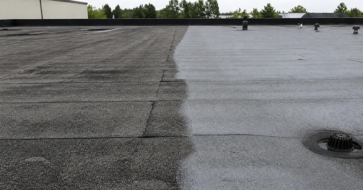 Weathered modified bitumen roof beside a newer repaired section on a low-slope commercial building