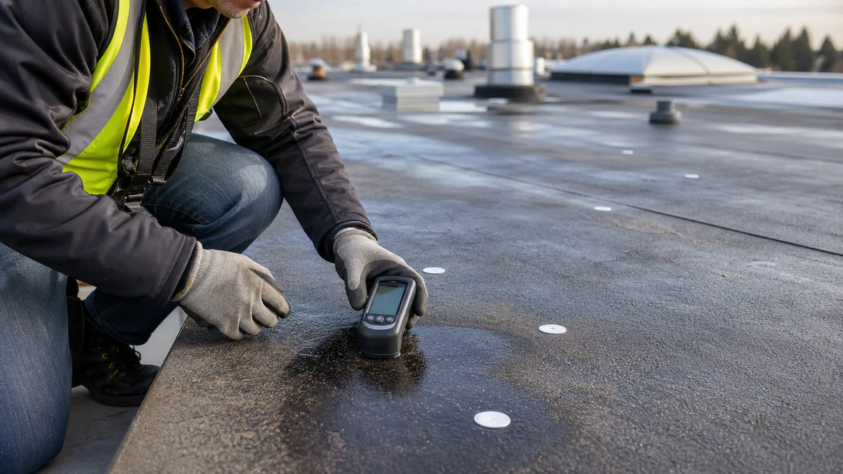 Roof surveyor using a handheld moisture meter on a modified bitumen roof