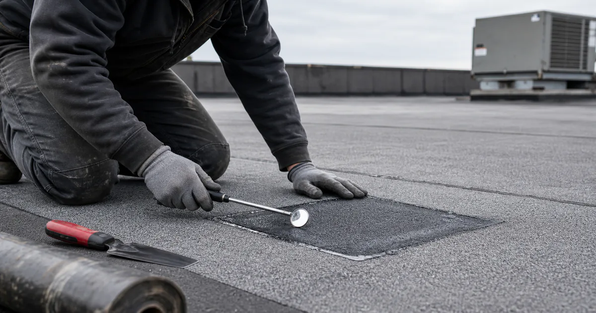 Professional roofer inspecting and preparing a localized repair on a modified bitumen roof