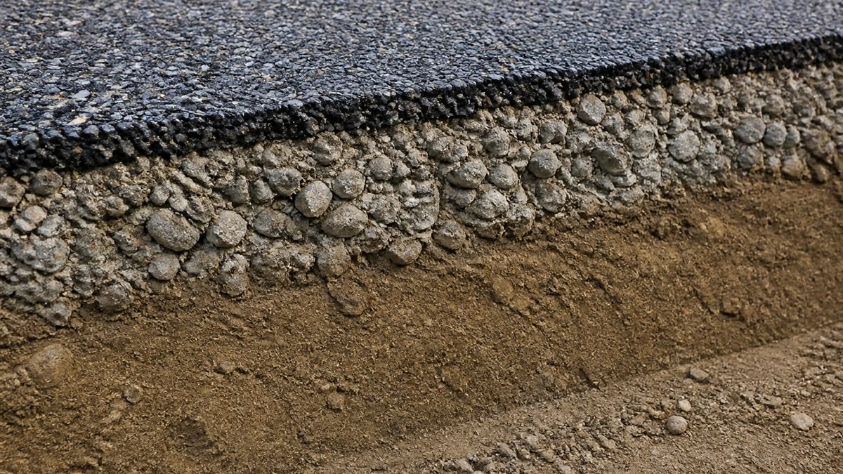 Exposed driveway edge showing the subgrade, compacted road base and aggregate-bound seal