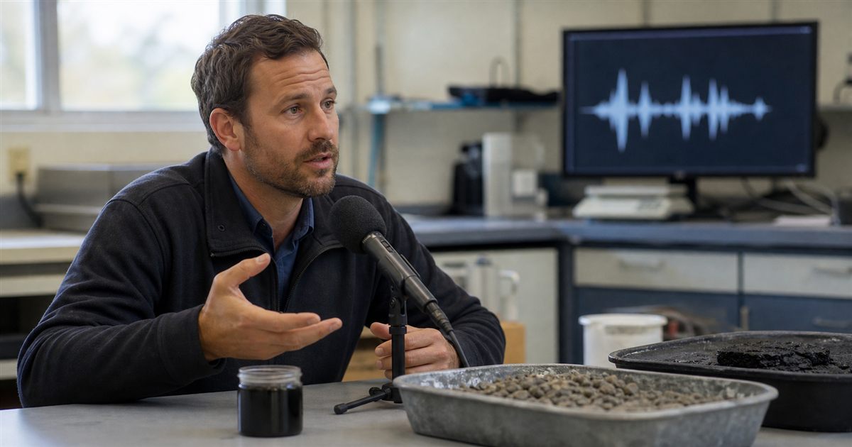 Materials specialist speaking into a microphone beside a bitumen sample and audio waveform