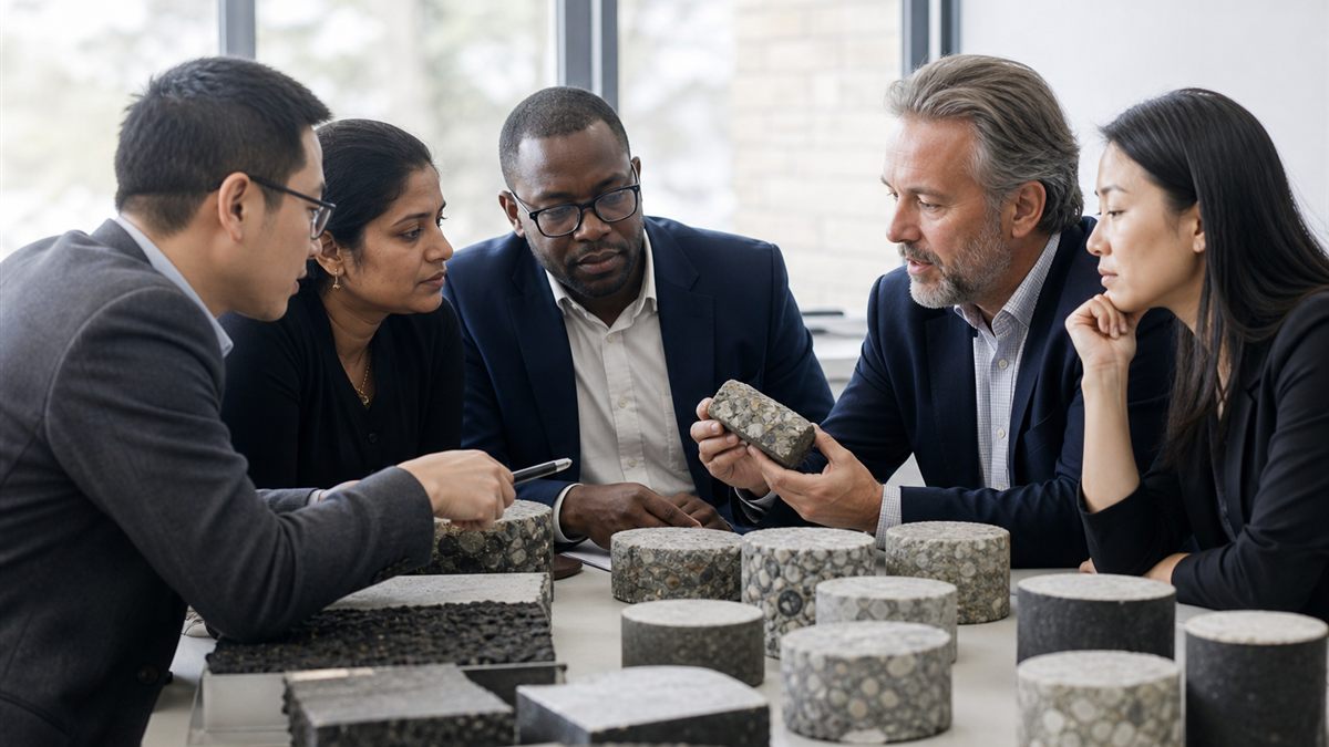 International engineering team discussing pavement samples around a table