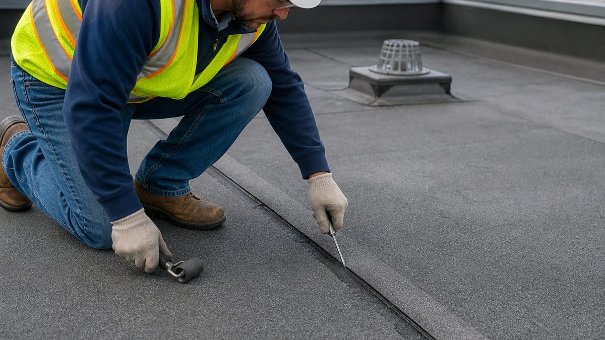 Roofer inspecting a modified bitumen membrane seam with a hand tool