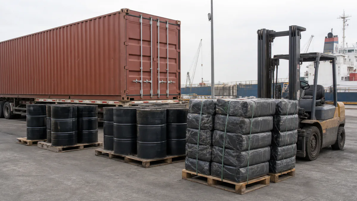 Palletized steel drums and wrapped bitumen packages beside a freight container