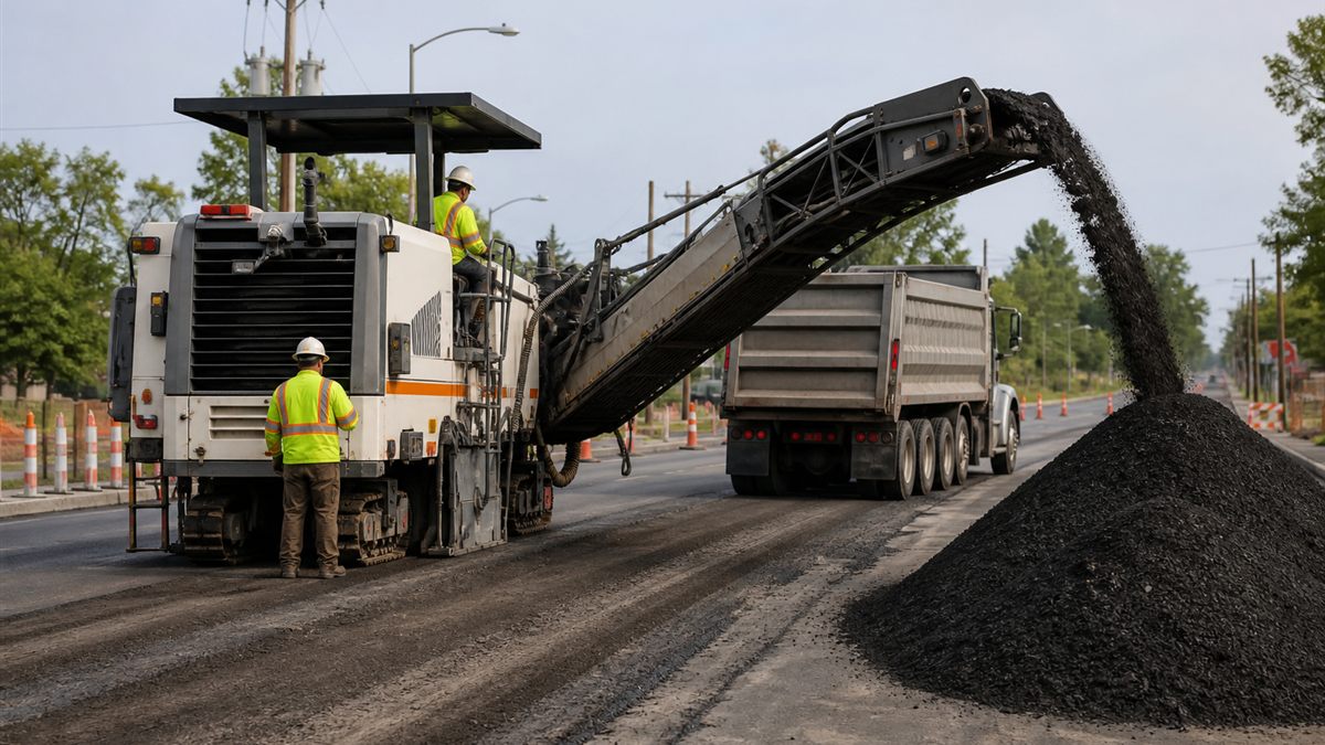 Road milling machine collecting reclaimed asphalt pavement for recycling
