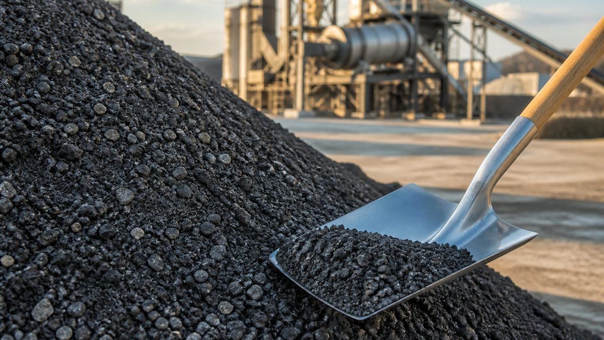 Sampling shovel beside a stockpile of reclaimed asphalt pavement