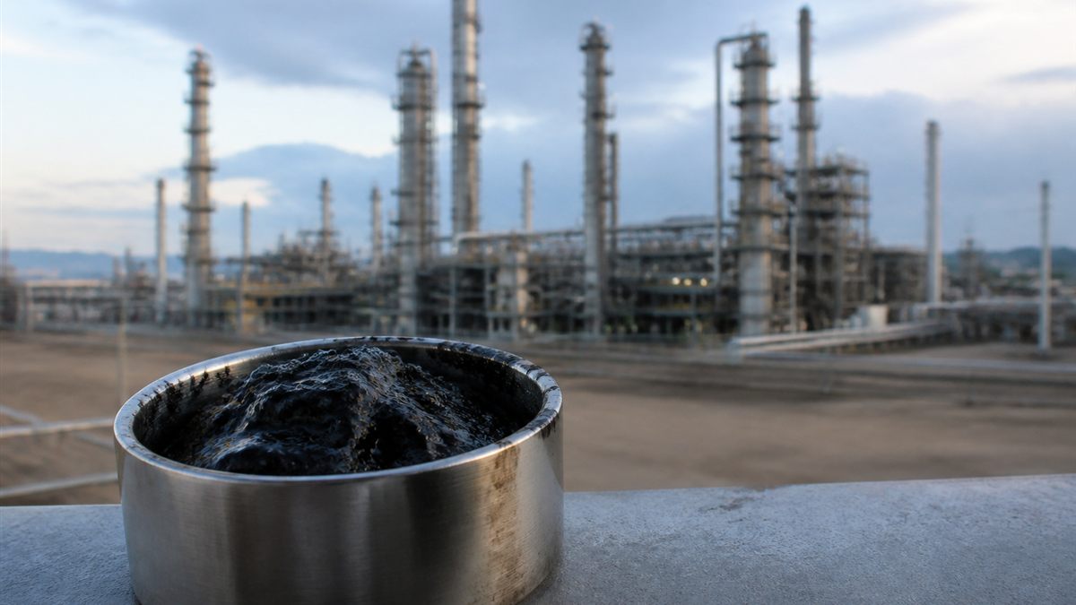 Heavy dark bitumen sample in front of petroleum refinery distillation units