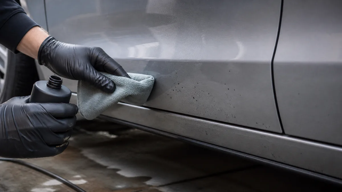 Detailer gently wiping small road-bitumen spots from a vehicle door