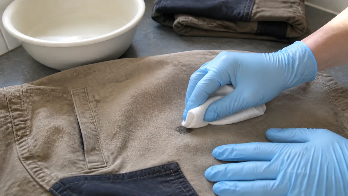 Gloved hands blotting a small bitumen mark on durable work trousers