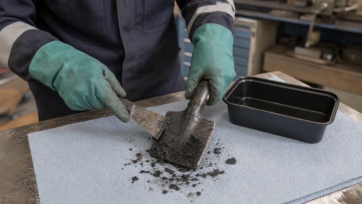 Worker scraping hardened bitumen from a steel hand tool over an absorbent pad