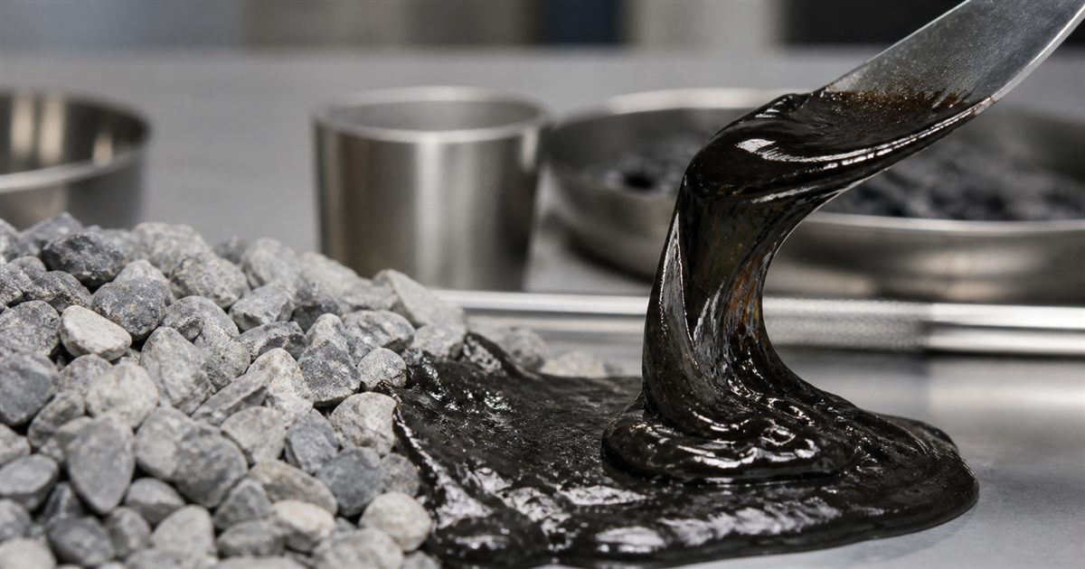 Dark viscous bitumen flowing from a laboratory spatula beside graded aggregate